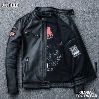 Embroidery motorcycle leather coat cowhide men's jacket